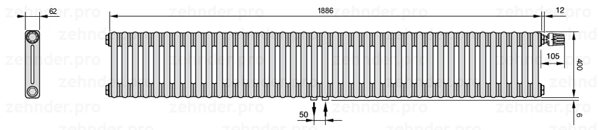 Схема (чертеж) Радиатор Zehnder Charleston 2040/41 №V008 Белый глянцевый RAL 9016